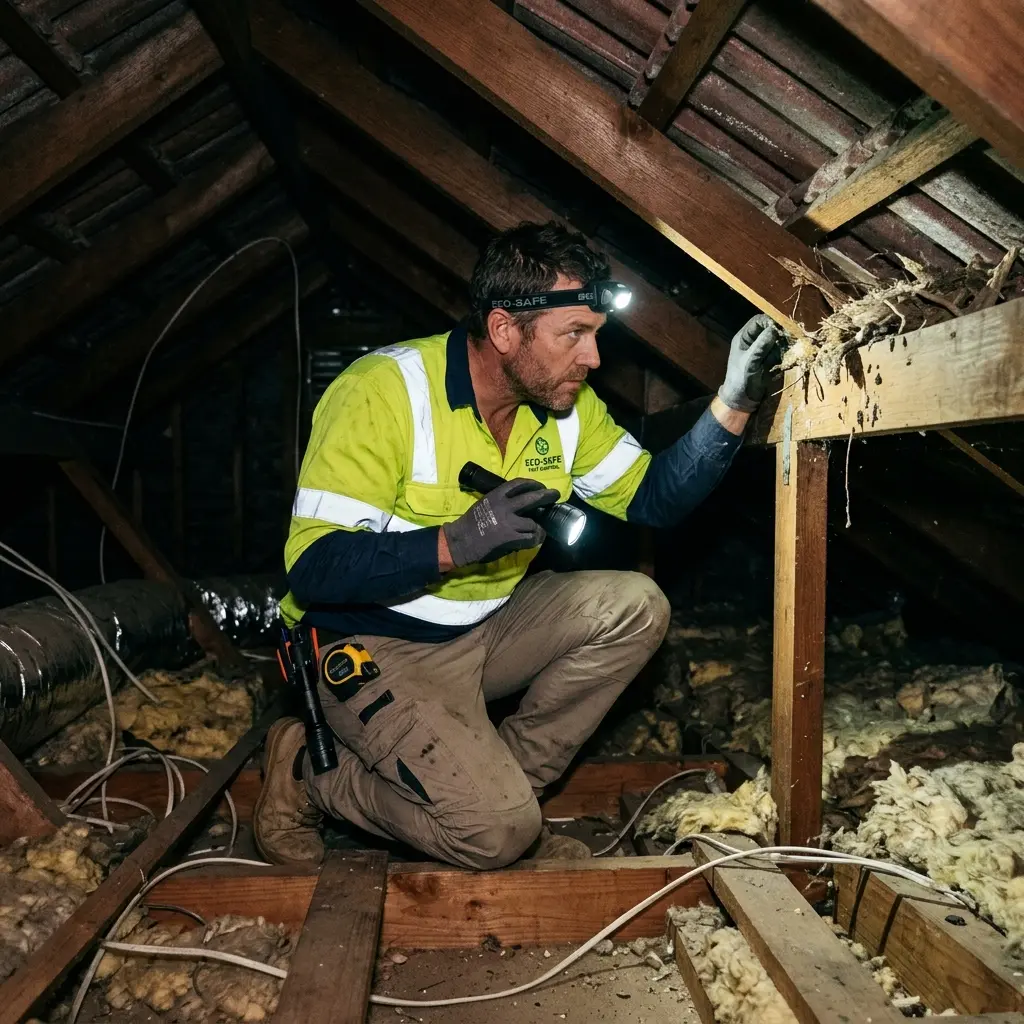Technician inspecting a roof cavity for a dead animal in Alphington