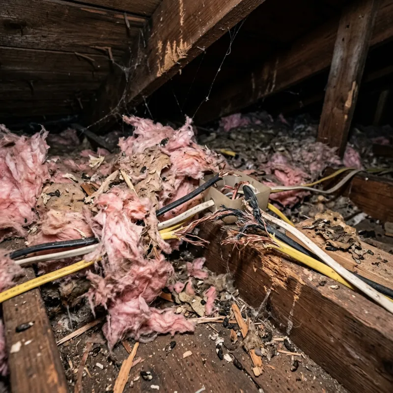 Contaminated ceiling insulation being assessed in a Alphington roof space