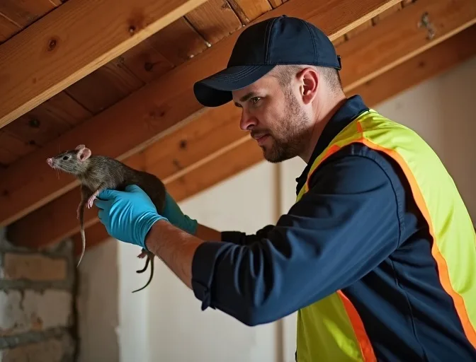 Technician inspecting a roof cavity for a dead rat in Alphington